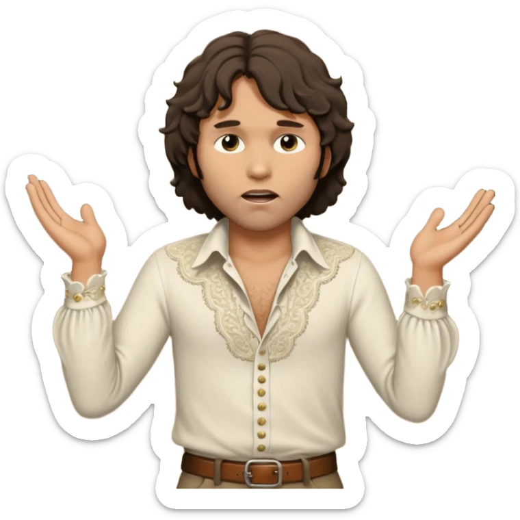 cinematic realistic ultra HD - unkempt, shaggy with big sideburns Jim Morrison in an ivory Victorian shirt, in an trance dramatic pose, sings on stage sticker
