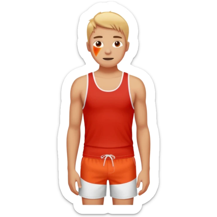 image of person in swimshorts which is sunburned - the skin is red, on the person chest it should be white (as a white outline of a tank top)  sticker