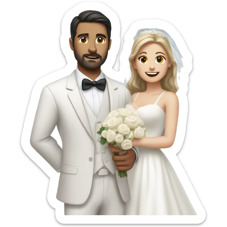 Realistic Dark haired man with dark facial hair in a suit holding a woman with light brown hair in a white wedding dress sticker