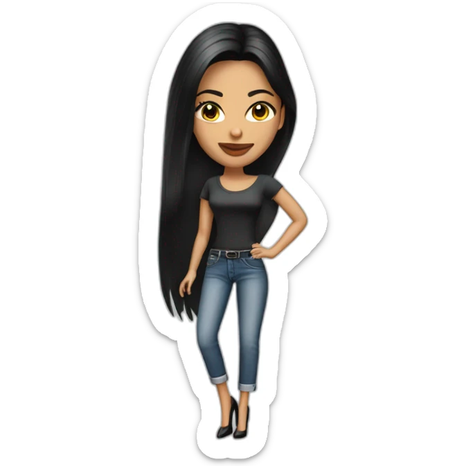 Brazilian Woman with small lips black eyes middle size black straight hair dressing jeans with white Tshirt in high heels sticker