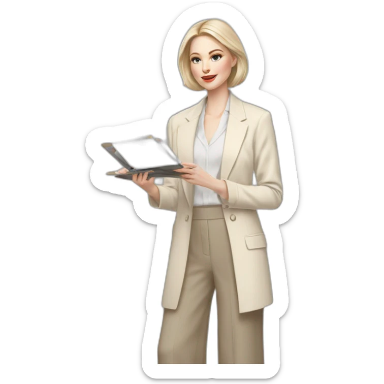 pale skin woman with ash blonde Straightened bob Hair, White Spacious classical jacket, beige palazzo Arrow pants and gray blouse holding a color palette in the hands sticker