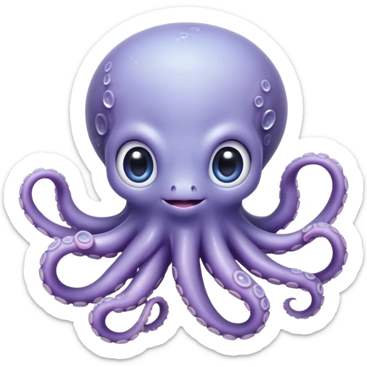 Cinematic Cute Baby Octopus Portrait Emoji, Head tilted slightly in a curious and endearing way, featuring a smooth, rounded light blue-purple body with enormous, sparkling eyes filled with warmth and innocence, delicate tentacles curling playfully, Simplified yet irresistibly adorable features, highly detailed, glowing with a soft, dreamy marine glow, high shine, affectionate and gentle, stylized with a touch of whimsical deep-sea charm, soft glowing outline, capturing the essence of a tiny, inquisitive octopus that looks ready to gently drift into your heart! sticker