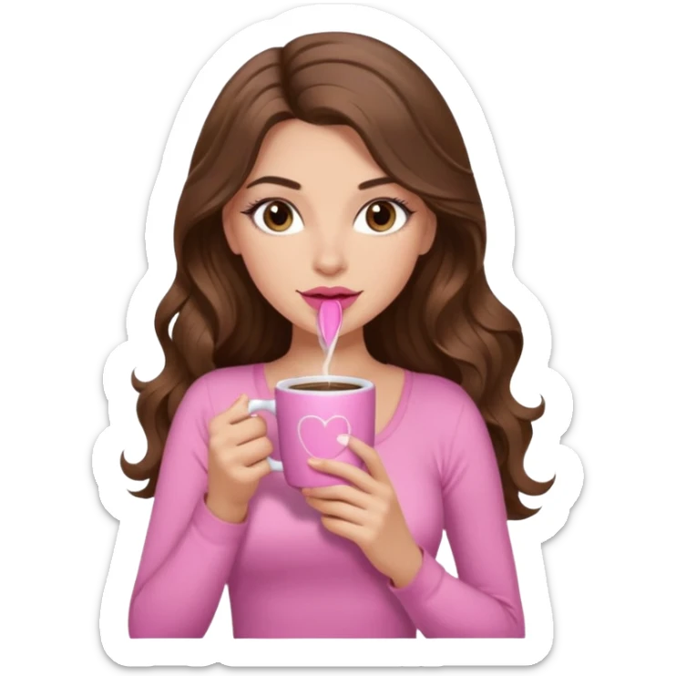 girl with long wavy brown hair, brown eyes, long lashes, pink lips, light to medium complexion, pink sexy top, sipping coffee sticker