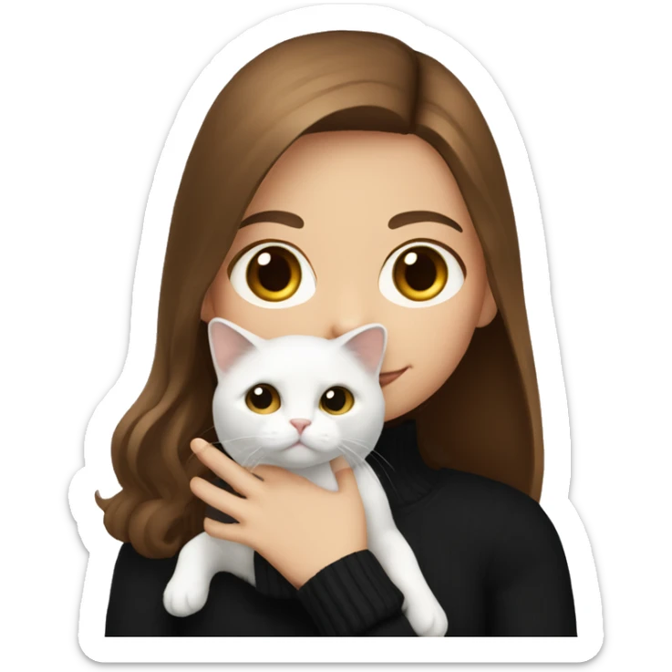 Girl with brown hair in the black sweater and white cat in the hand sticker