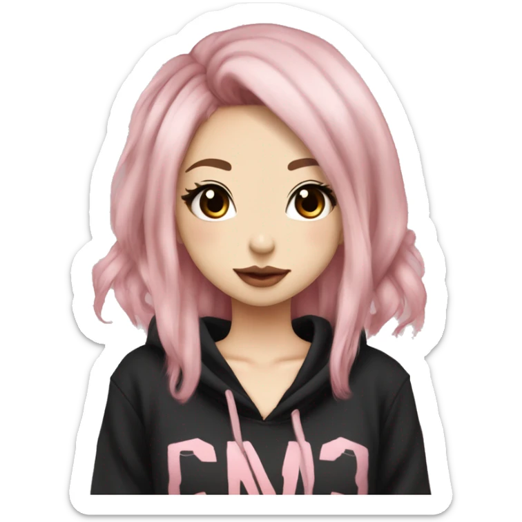 hime gyaru girl, tattoos, pale skin with medium brown and light pink hair, dark makeup, black hoodie sticker