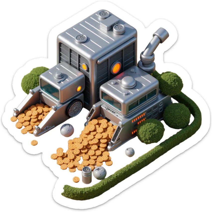Exterior view of a modern robotic farm in skeuomorphism style, with realistic textures and depth, metallic buildings sitting on visible ground with detailed soil and foundation, automated harvest bots working in the fields, glowing pipes and mechanical arms, cookie plants growing in neat rows sticker