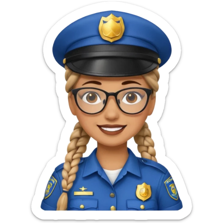 happy woman police with braided hair wearing hat, glasses  sticker