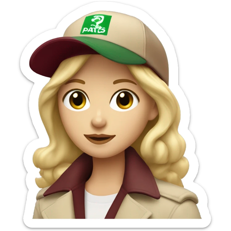Blonde girl with green eyes in beige trench coat and burgundy baseball cap written Paris on it  sticker