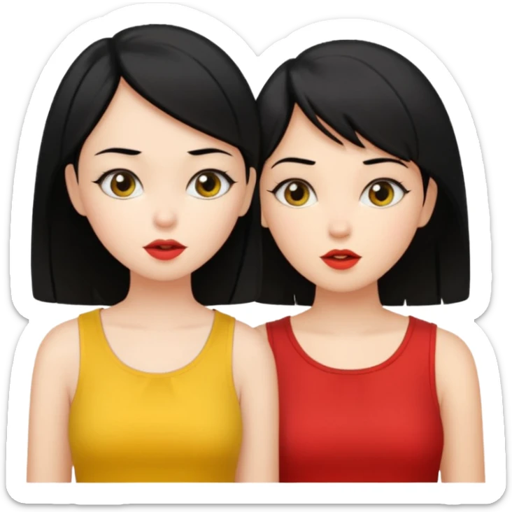 2 girls gossiping. both are fair and have black hair. One has short hair, one has long. One is wearing yellow, one is wearing red sticker