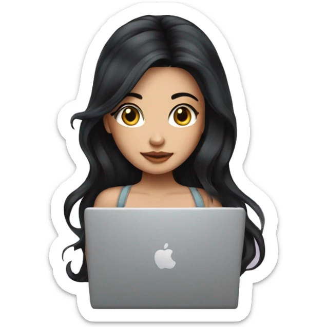 beautiful girl, with tattoos, with long black hair, wavy hair, chinese, with laptop sticker