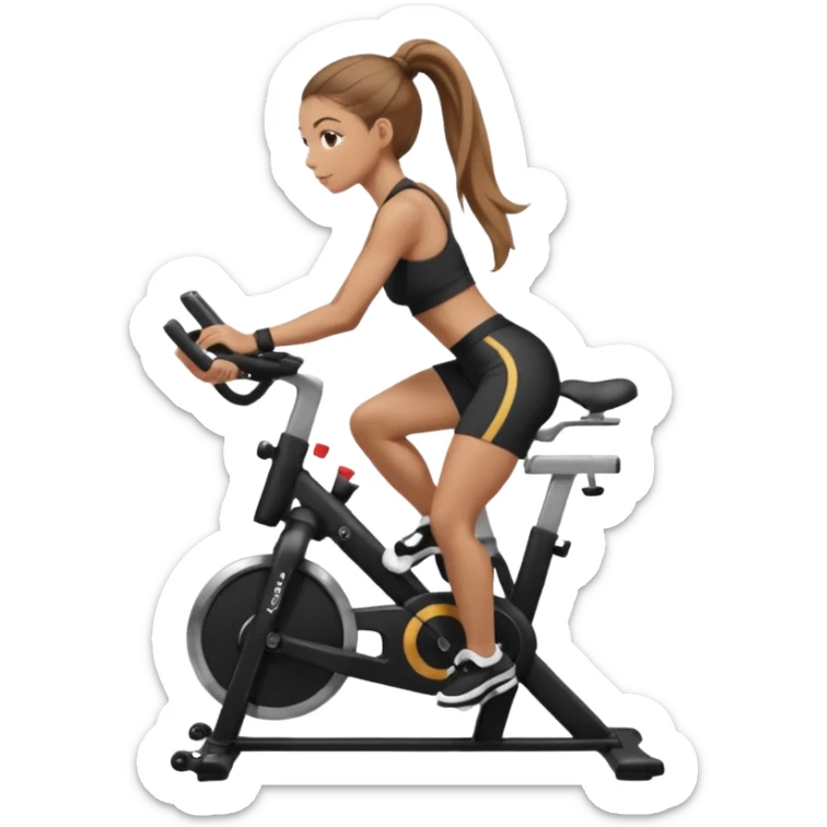 Light skin girl with long light brown hair in a pony tail, black workout set leaning on a indoor spin bike with NO HELMET,  sticker