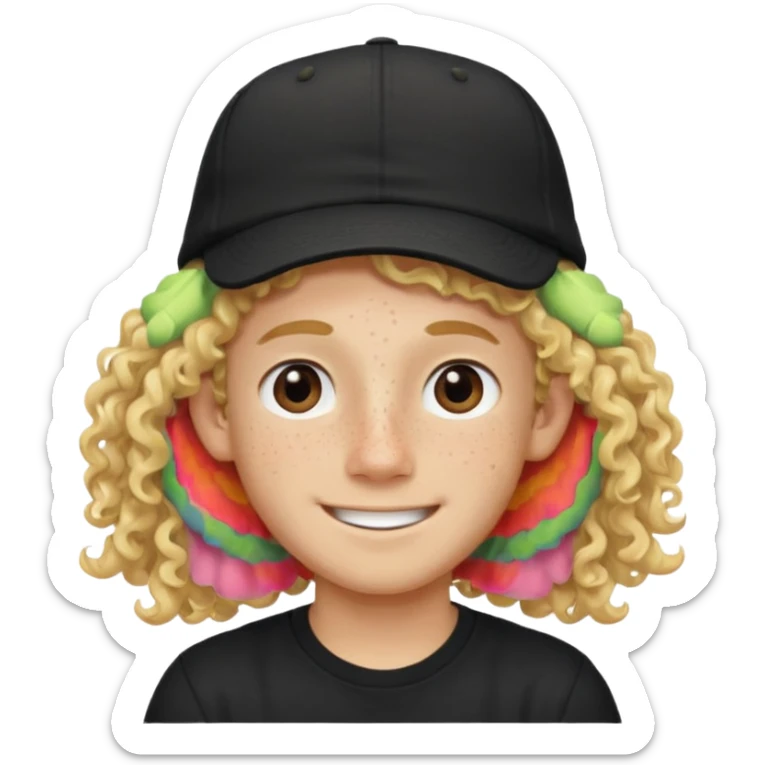 blonde boy with long curly hair past his hears and a LA hat, smiling, wearing a black shirt with freckles sticker