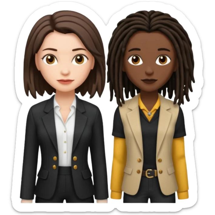 white woman brunette with short hair feminine clothes. And black woman with long dread locks with more masculine clothes sticker