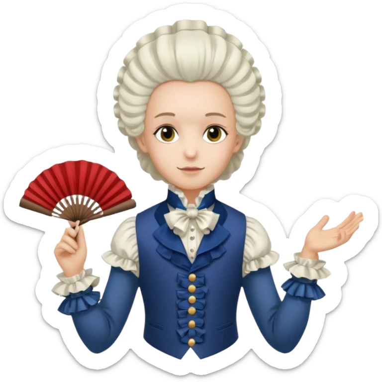 An emoji portrait of a French aristocrat. He wears a powdered wig and a silk waistcoat with a ruffled jabot. His expression is poised and refined, and he holds a fan. sticker