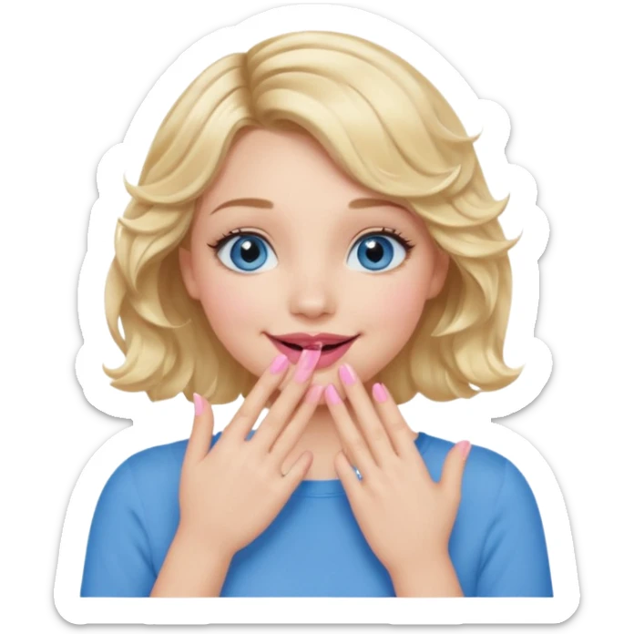Girl Blonde short wavy hair,  blue eyes, cute blue top, long lashes, pink lips, smiling, hand covering the mouth sticker