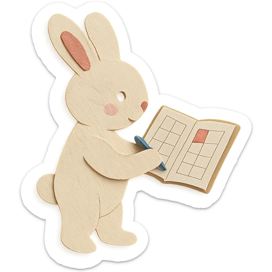 highly detailed, high quality paper craft style illustration of a cream-colored bunny standing and writing in a planner, intricate textures, soft lighting, delicate cut-paper details sticker