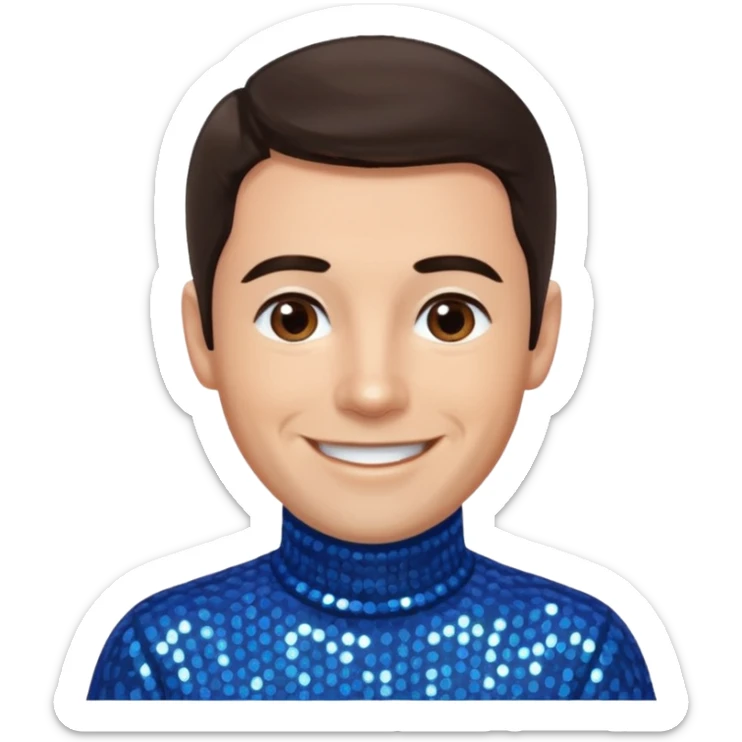 Anthony Field from The Wiggles with dark brown hair, blue sequin skivvy shirt, fair skin sticker