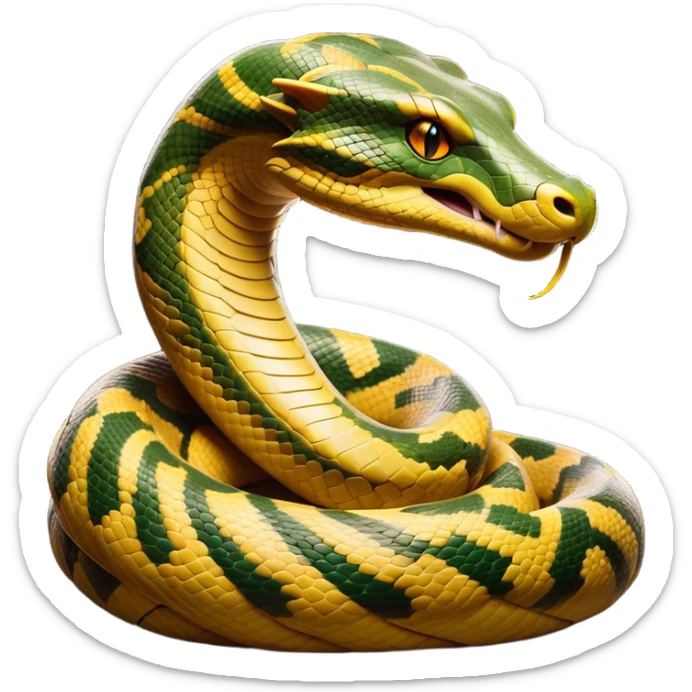 Cinematic Noble Anaconda Portrait Emoji, Poised and imposing, with a massive, sinuous build draped in intricately patterned scales and piercing, focused eyes, Simplified yet sharp and sophisticated features, highly detailed, glowing with a soft, earthy glow, high shine, intelligent and formidable, stylized with an air of primal elegance, focused and mysterious, soft glowing outline, capturing the essence of a watchful jungle guardian that feels as though it could coil out of the screen with effortless authority! sticker