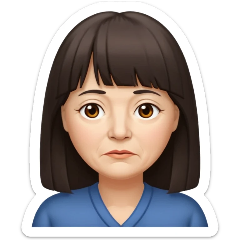 60 yr old woman, long hair down back, very small brown eyes, long hair, straight dark brown hair, bangs, chubby, long face, very tired sticker