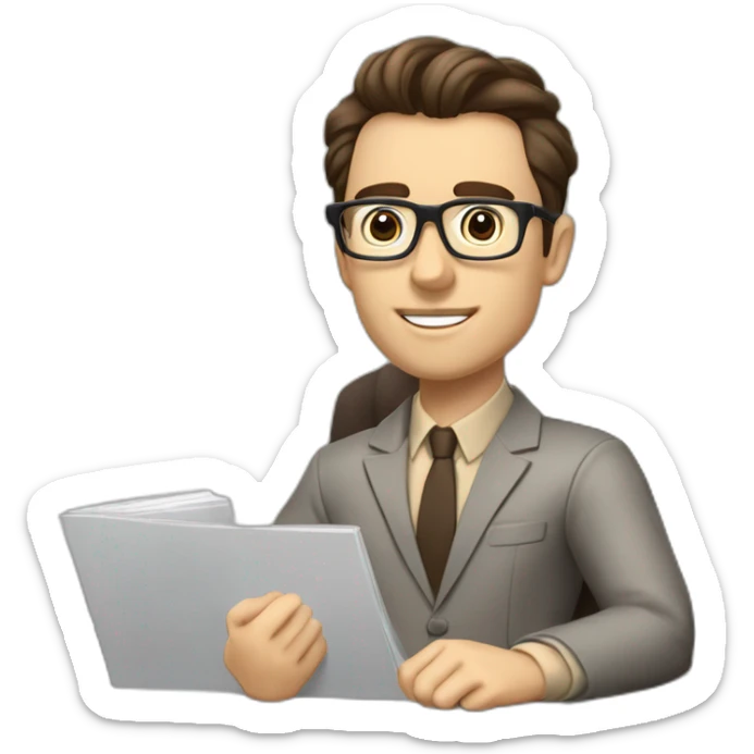 Pale skinned Fit Man With dark brown hair in gray jacket, beige office shirt, Brown pants and vintage glasses sitting In a soft chair with a notebook on spring with emblem Ψ and a pen sticker
