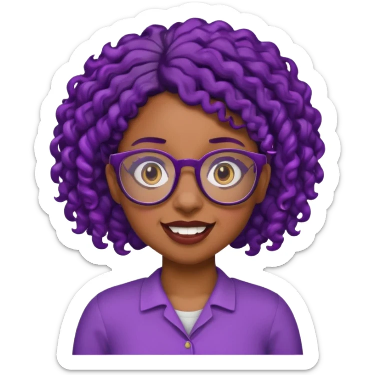nerd emoji like with glasses showing only her 2 buck teeth but it’s a black girl with purple black curly hair no shoulders sticker