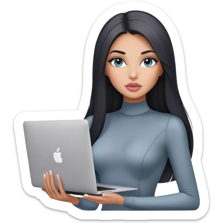 Glamours, tanned, very beautiful girl, with big pump peach-beige-rose lips, black straight smooth silky long hair, straight parting, blue-grey eyes, in grey bodysuit holding MacBook sticker