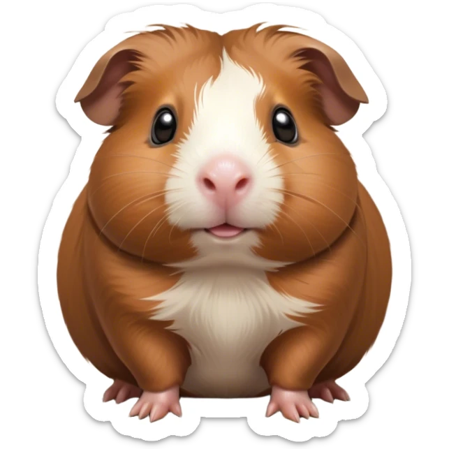 Cinematic Cute Brown Guinea Pig Portrait Emoji, Head tilted playfully and inquisitively, showcasing a velvety brown coat with a natural sheen, round, sparkling dark eyes filled with curiosity, Simplified yet irresistibly adorable features, highly detailed, glowing with a warm, friendly glow, high shine, affectionate and lively, stylized with a touch of whimsy, bright and endearing, soft glowing outline, capturing the essence of a mischievous yet loving guinea pig, so playful it feels like it could nuzzle out of the screen into your arms! sticker