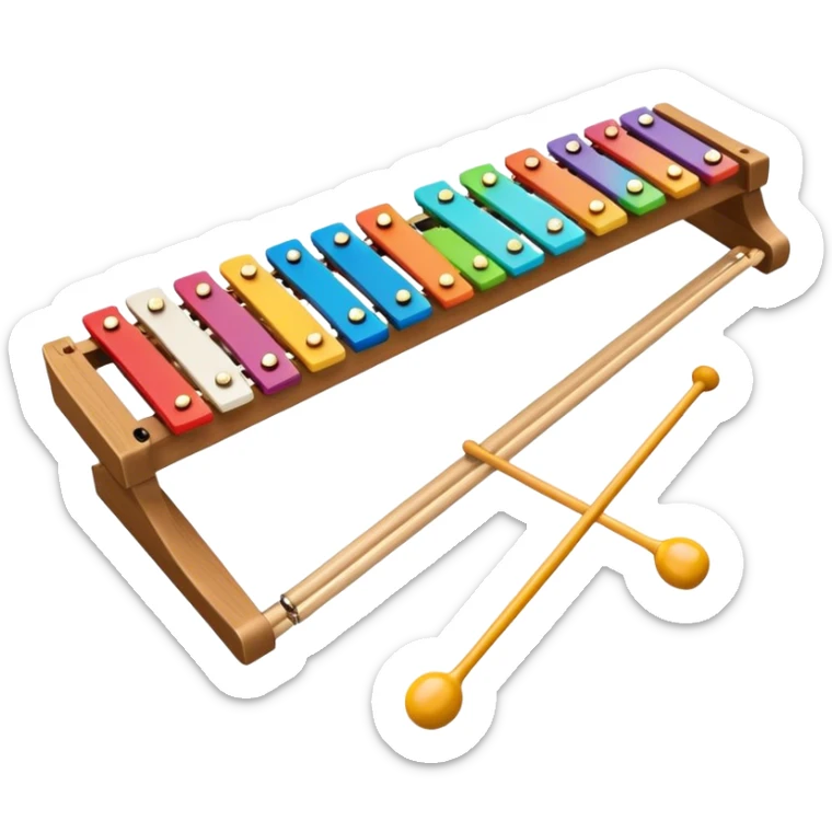 Create a vibrant and detailed emoji representing a Fleet FLT-SX37 xylophone. The design should feature the sleek wooden keys of the xylophone, arranged neatly on the frame, with metal bars clearly visible. Add the mallets placed beside the instrument or in motion, highlighting their soft rubber heads. Use warm, natural wood tones for the keys, with subtle metallic accents to reflect the professional quality of the instrument. Add small musical notes or soundwaves around the xylophone to evoke its bright, percussive sound. The background should be transparent. sticker
