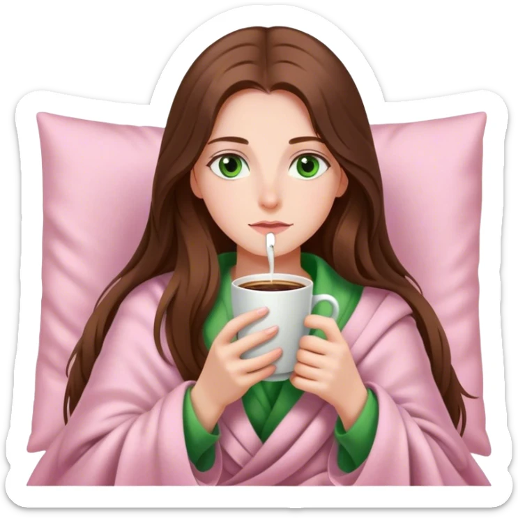 A pretty white girl with very long brown hair and green eyes in a light pink blanket sipping coffee sticker