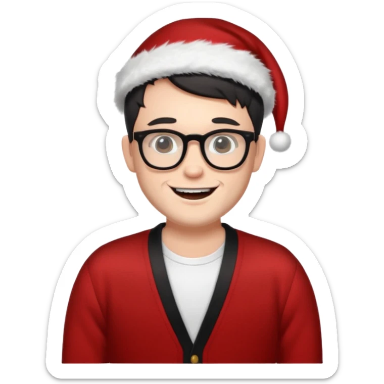 white man wearing glasses, black short hair dressed as sexy hipster Santa in a cardigan, cute smile with teeth sticker