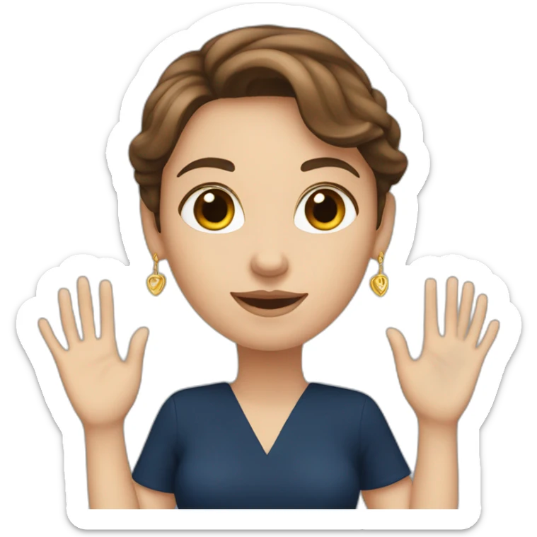 A white woman with brown hair, hands forming a heart shape, wearing a dark blue dress, and long earrings sticker