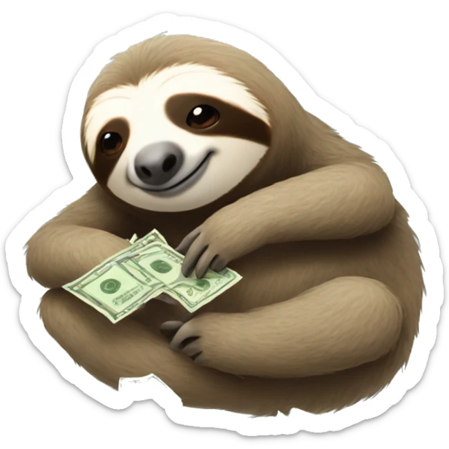 sloth laying down looking sleepy; add a phone in his hand and lots of money flying in air around him sticker