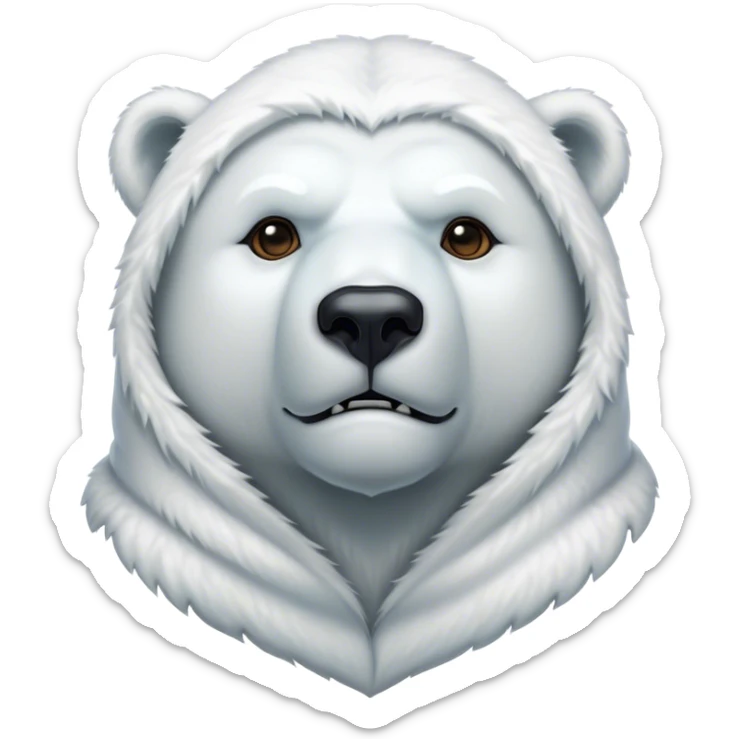 Cinematic Noble Polar Bear Portrait Emoji, Poised and regal, with a strong, muscular build cloaked in thick, snowy fur and piercing, determined eyes, Simplified yet sharp and sophisticated features, highly detailed, glowing with a soft, dignified polar glow, high shine, intelligent and majestic, stylized with an air of arctic authority, focused and commanding, soft glowing outline, capturing the essence of a watchful and confident guardian that feels as though it could step out of the screen with effortless authority! sticker