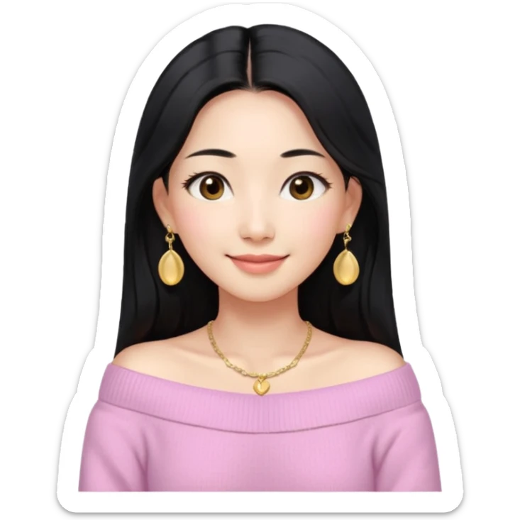 South Korean girl in her mid-thirties with long black hair and a middle part. She is wearing a baby pink, off the shoulder long sleeve knit sweater. She has small gold earrings and a gold necklace. She has brown eyes with narrow, mono lid shape and smiling with lips together sticker