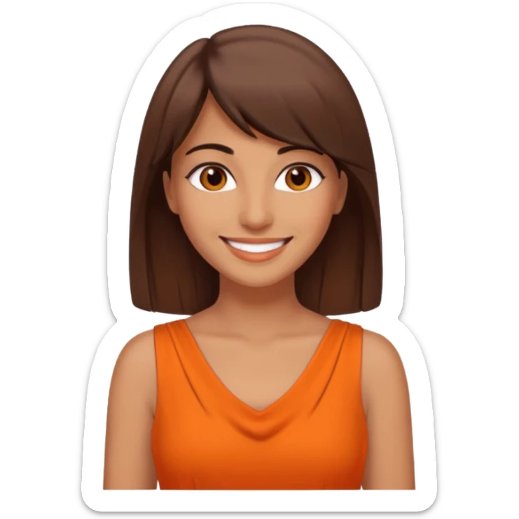 30 yr old middle eastern woman straight brown hair side bangs big smile tanned skin brown eyes orange dress sticker
