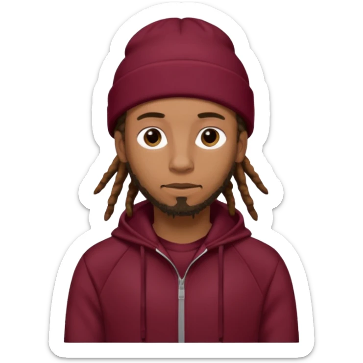 Animate a caramel skinned male with brown dreads and a tan beanie with a burgundy tracksuit on with no beard  sticker