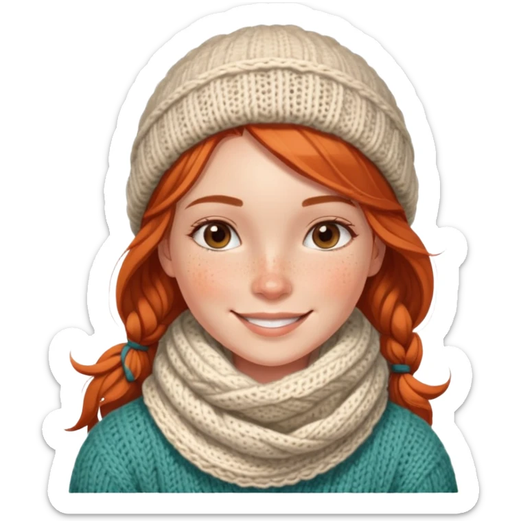  A smiling girl with freckles across her nose, in a cozy knitted scarf. sticker