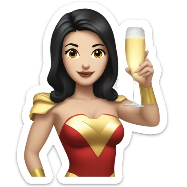White girl in a superwoman costume with black hair holding a champagne bottle sticker