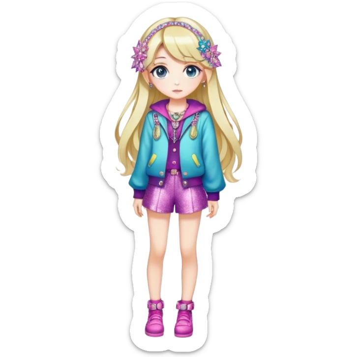 Pretty, stylish, kawaii, sparkly, lovely, shiny, accessories, anime style, character, real life, big eyes, cute, gorgeous hair, full body, stylish clothing, lady, young, romantic, colorful, detailed, cool design, aesthetic sticker
