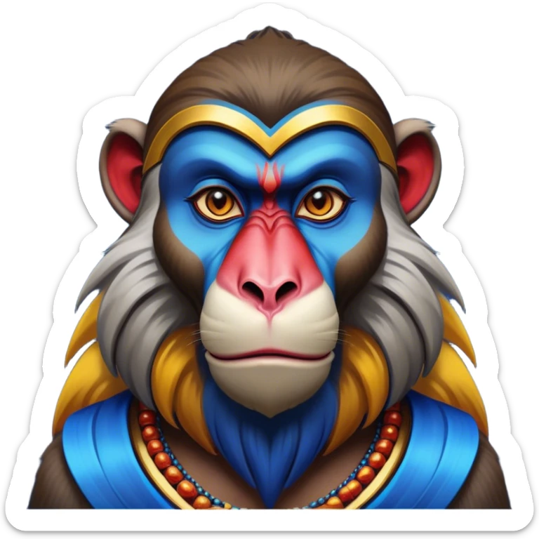 Cinematic Noble Mandrill Portrait Emoji, Poised and regal, with a striking, powerful build and a vivid, multicolored face accented by bold blue, red, and yellow hues, deep-set soulful eyes, Simplified yet sharp and sophisticated features, highly detailed, glowing with a vibrant, dignified glow, high shine, intelligent and commanding, stylized with an air of exotic majesty, focused and attentive, soft glowing outline, capturing the essence of a watchful and confident primate, so majestic it feels as though it could step out of the screen with effortless authority! sticker