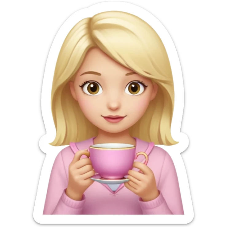 blonde girl with a mischievous expression, holding a pink teacup, Gossip Girl vibe sticker