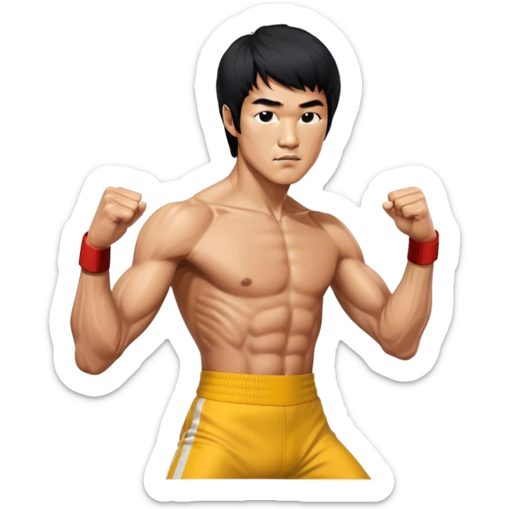 Cinematic Realistic portrait of Bruce Lee, shown as a legendary martial artist in a dynamic, powerful pose with modern athletic attire and finely detailed muscle definition, rendered in dramatic action lighting sticker