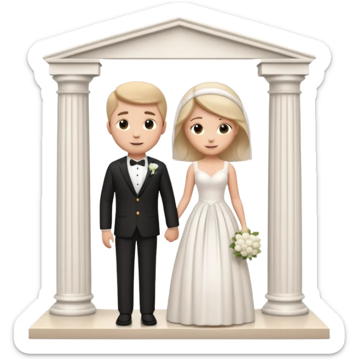 A 3D cartoon courthouse wedding venue with a bride and groom standing at the entrance, elegant white columns, soft natural lighting, simple modern decor, minimal background, realistic Memoji-style rendering. sticker