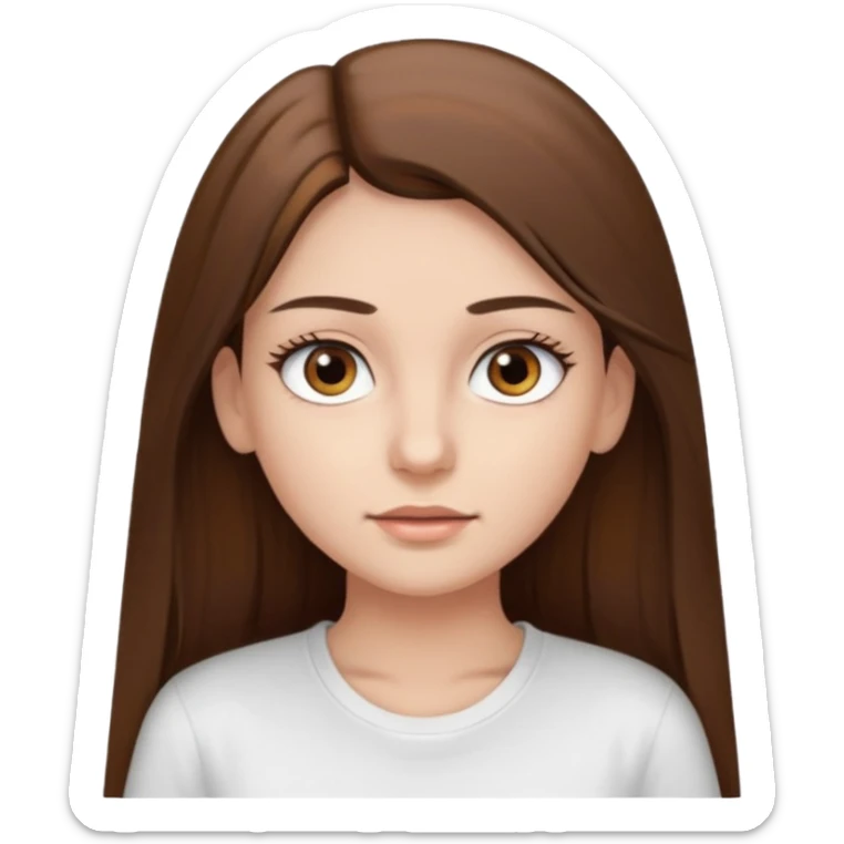 Chica de pelo liso ,largo y marrón con ojos color marrón  y una camiseta blanca y la piel blanca con pestañas sticker
