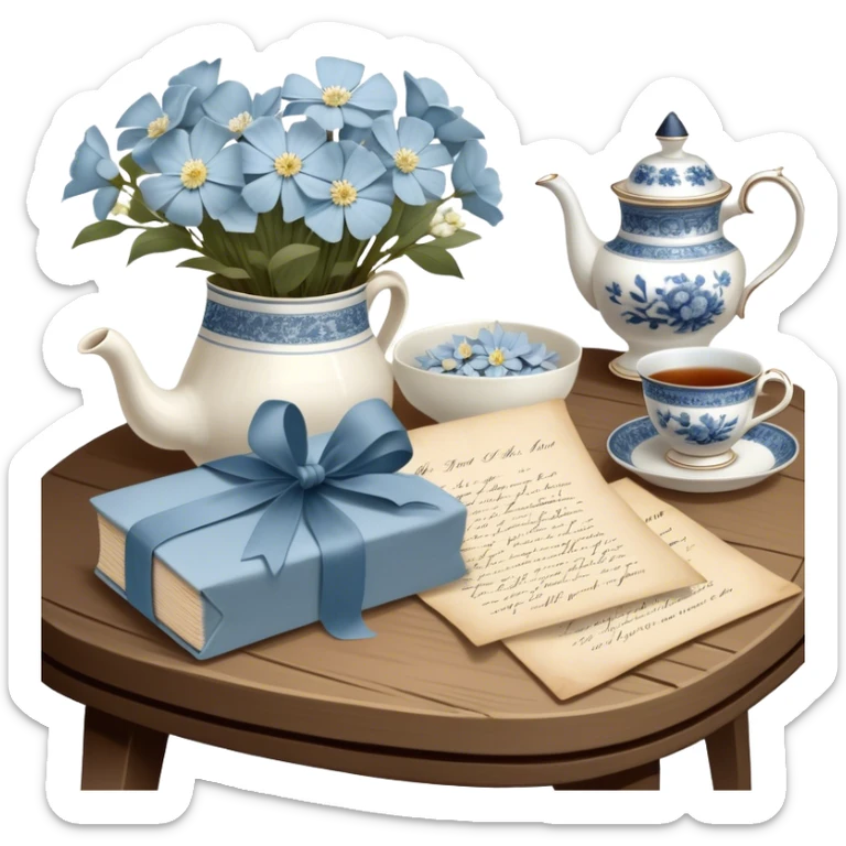 A timeless arrangement of a dusty blue silk ribbon loosely wrapped around a bundle of aged letters, with pressed white flowers and a porcelain tea set in the background.
 sticker