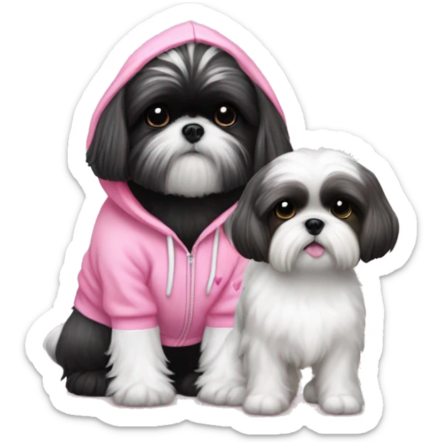 one very cute black and white  shih tzu girl and one white  girl maltaise dog wearing a pink hoodie with hearts sticker