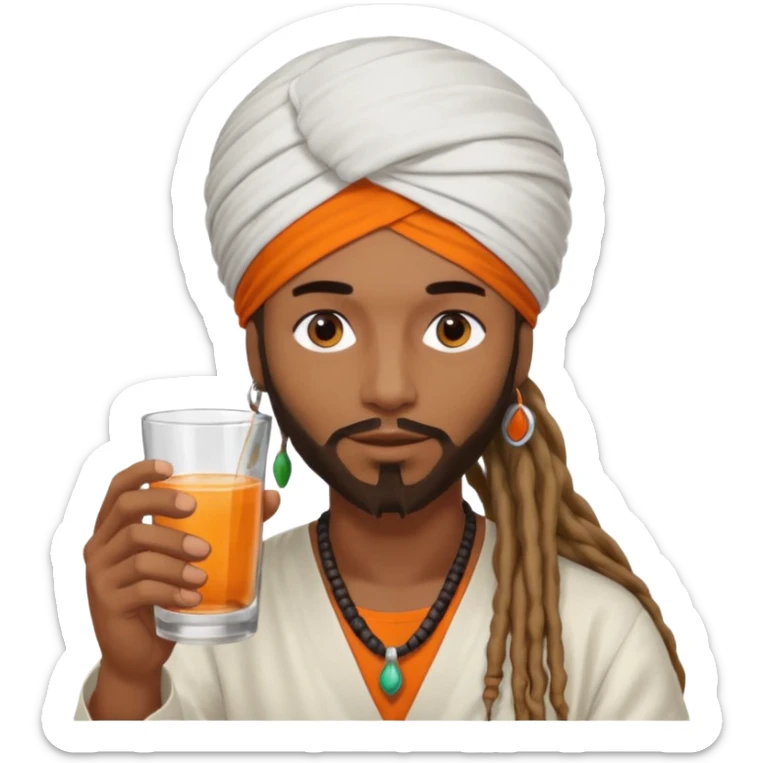 Brownskin man with long dreadlocks add a white turban on his head orange shirt drinking  sticker