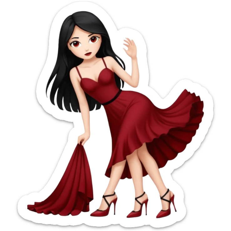 Chica blanca ,ojos marrones, vestido granate muy largo sexy tirantes caidos,  cuerpo entero pelo negro y largo zapatos negros tacon sticker