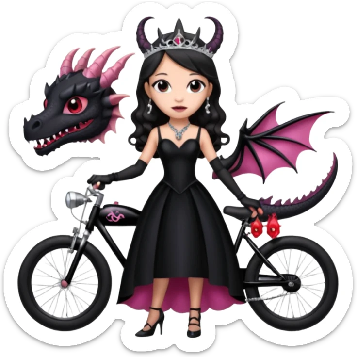  black evening gown with see-through gloves, Jenna Ortega as Addams woman prom queen wearing a mini tiara, very large blood  pink evil-looking horned old dragon bike sticker