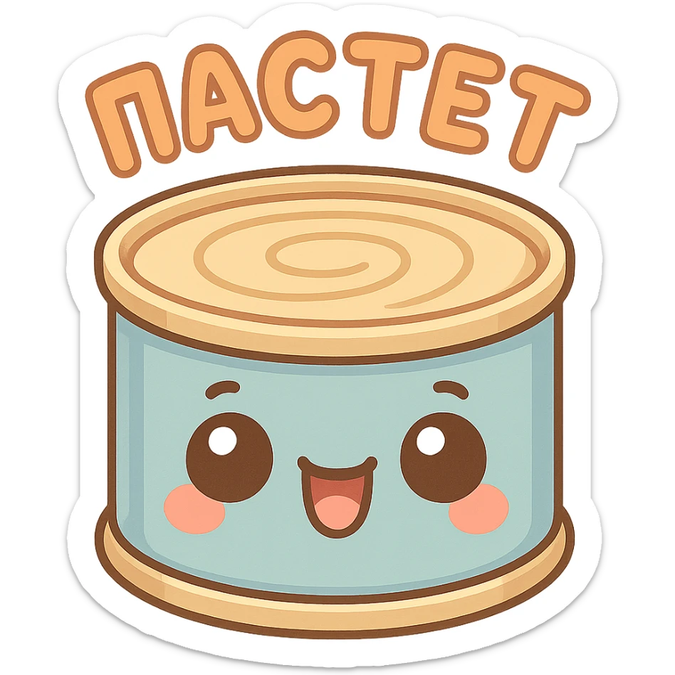 A cute tin can of pâté with big expressive cartoon eyes, smiling and happy face, kawaii style, pastel colors, soft shading, simple background, adorable character design, high quality illustration, playful and funny mood, text on top saying "ПАСТЕТ" in bold cute Cyrillic letters sticker